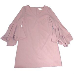 ELIZA J Sz 12 Pink Blush Ruffle V-Neck 3/4 Bell Sleeve Crepe Shift Sheath Dress